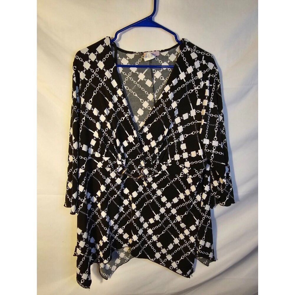 Retro Whimsygoth Black White V-neck wrap Top Shirt Blouse Women’s Plus  2X